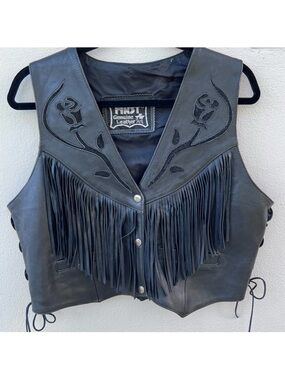Vintage 80s/90s Black Leather Fringe Concho Vest / Western Biker size L